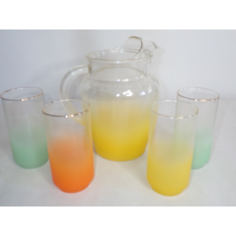 Vintage Frosted Ombre Glass Pitcher and 4 Tumbler Set Gold Rim Multi Color 5pc - Picture 1 of 15